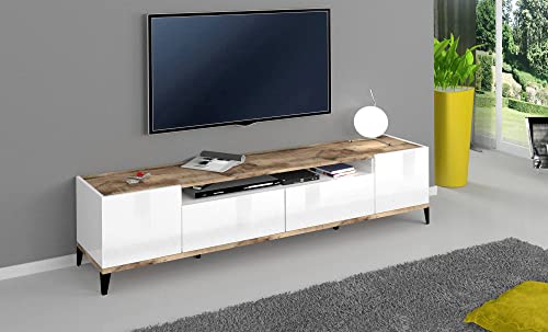 Dmora TV-Möbel für Wohnzimmer, Made in Italy, TV-Möbel mit 2 Türen und 2 Schubladen, cm 200x40h47, glänzend weiß und Ahorn von Dmora