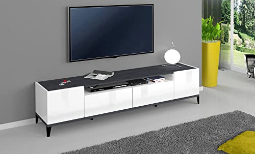 Dmora TV-Möbel für Wohnzimmer, Made in Italy, TV-Möbel mit 2 Türen und 2 Schubladen, cm 200x40h47, glänzend weiß und Schiefer von Dmora