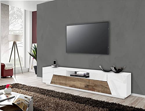 Dmora - Fernsehschrank Jacopo, Niedriges Sideboard für Wohnzimmer, Sockel für TV-Möbel, 100 % Made in Italy, cm 220x43h46, Weiß glänzend und Ahorn von Dmora
