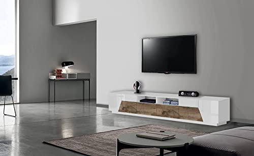 Dmora TV-Möbel für Wohnzimmer, Made in Italy, TV-Möbel mit 4 geometrischen Türen und 2 Schubladen, Cm 260x43h46, Glänzend weiß und Ahorn von Dmora