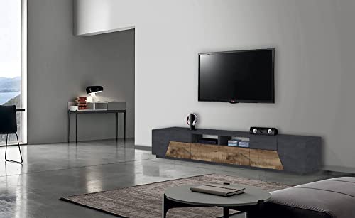 Dmora TV-Möbel für Wohnzimmer, Made in Italy, TV-Möbel mit 4 geometrischen Türen und 2 Schubladen, Cm 260x43h46, Schiefer und Ahorn von Dmora