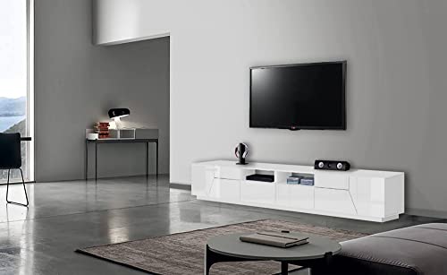 Dmora TV-Möbel für Wohnzimmer, Made in Italy, TV-Möbel mit 4 geometrischen Türen und 2 Schubladen, cm 260x43h46, glänzend weiß von Dmora