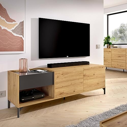 Dmora TV-Schrank Cengalo, niedrige Wohnzimmer, Anrichte für Fernseher, 164 x 39 x 49 cm, Eiche Nodi und Anthrazit von Dmora