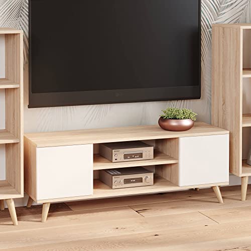 Dmora TV-Schrank mit 2 Türen und 1 Mittelregal, Sideboard mit Füßen, Wohnzimmerbuffet im skandinavischen Stil, 155x40h50 cm, Farbe Weiß und Eiche von Dmora