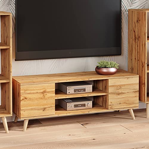 Dmora TV-Schrank mit 2 Türen und 1 Mittelregal, Sideboard mit Füßen, Wohnzimmerbuffet im skandinavischen Stil, cm 155x40h50, Ahornfarbe von Dmora