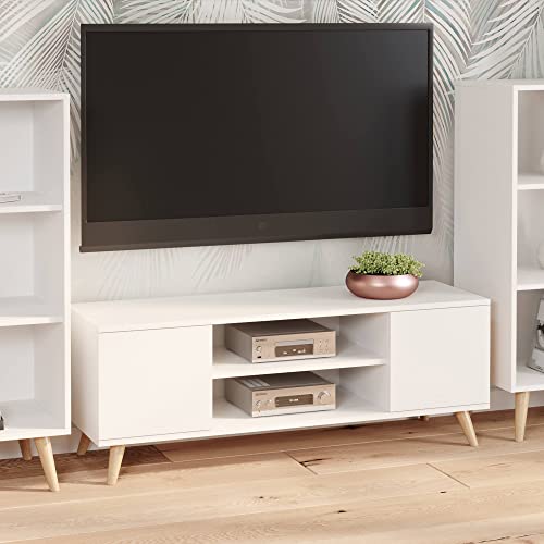 Dmora TV-Schrank mit 2 Türen und 1 Mittelregal, Sideboard mit Füßen, Wohnzimmerbuffet im skandinavischen Stil, cm 155x40h50, Farbe Weiß von Dmora