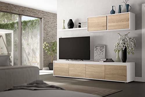 Dmora TV-Schrank mit Vier Türen, mit Hängeregal und Regal, Farbe: Canadian Eiche und Artik-Weiß, 200 x 43 x 42 cm von Dmora