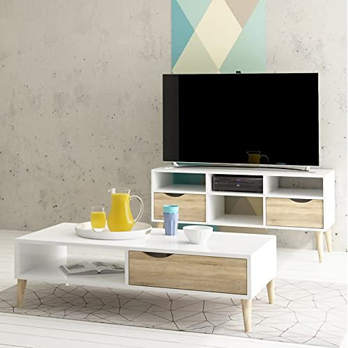 Dmora TV-Schrank mit zwei Schubladen, Farbe Weiß und Eiche, 117 x 57 x 39 cm von Dmora