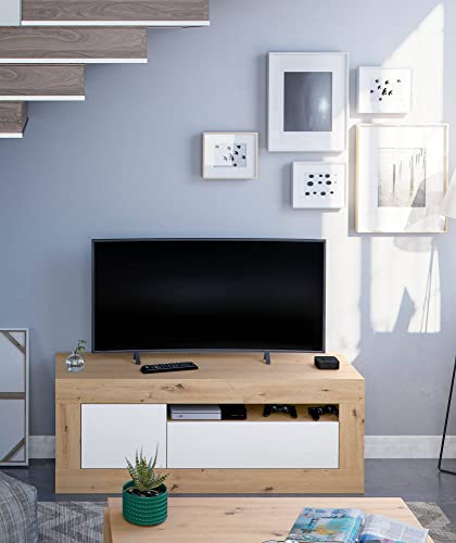 Dmora - TV-Ständer Killeen, Wohnzimmer TV-Sideboard, TV-Ständer mit 2 Türen, cm 139x42h53, Geknotete Eiche und Weiß von Dmora