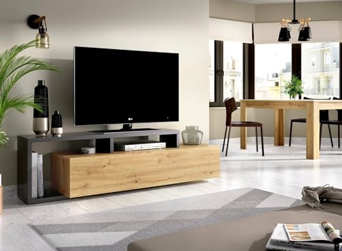 Dmora - TV-Ständer Maiella, niedriges Sideboard für Wohnzimmer, Sideboard für Wohnzimmer für Fernseher, 165 x 40 x 47 cm, Eiche Nodes und Anthrazit von Dmora