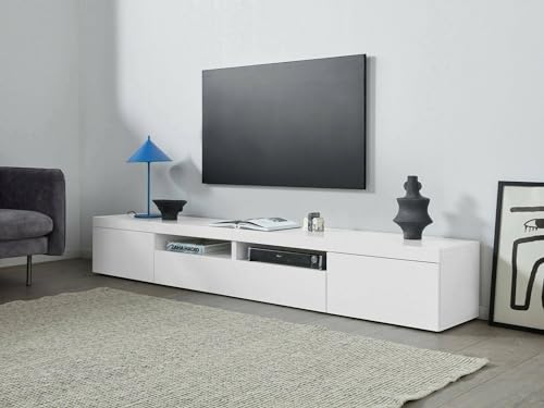 Dmora - TV-Ständer Ulisse, niedriges Wohnzimmer-Kommode mit 3 Türen, TV-Ständer-Basis, 240x40x35 cm, glänzendes Weiß von Dmora