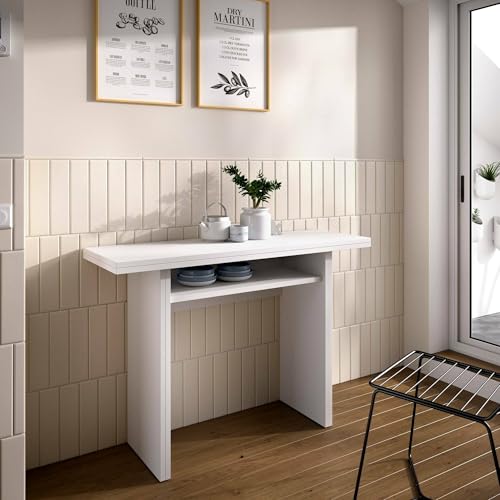 Dmora - Ausziehbarer Tisch Rodella, ausziehbare Zusatzkonsole mit Mehreren Positionen, klappbarer Esstisch mit klappbarer Platte, 110 x 33/66 x 75 cm, Weiß von Dmora