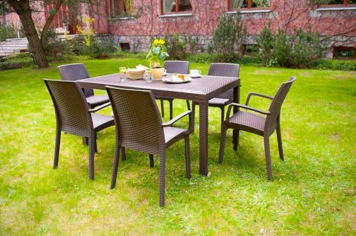 Dmora - Tisch im Freien Giove, rechteckiger GartenRegal, Mehrzweck-Gartentisch in Rattan-Optik, 100% Made in Italy, 150x90h74 cm, Braun von Dmora