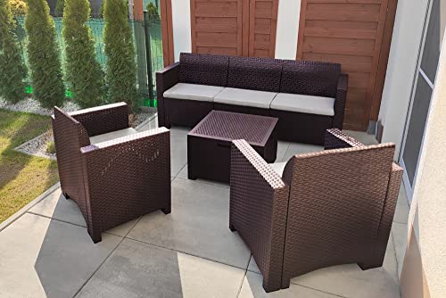 Dmora - Loungeset für draußen Venus, Outdoor-Lounge mit Couchtisch, Terrassenset mit Kissen, Gartenkomposition mit Sofa und Sesseln, Made in Italy, Braun von Dmora