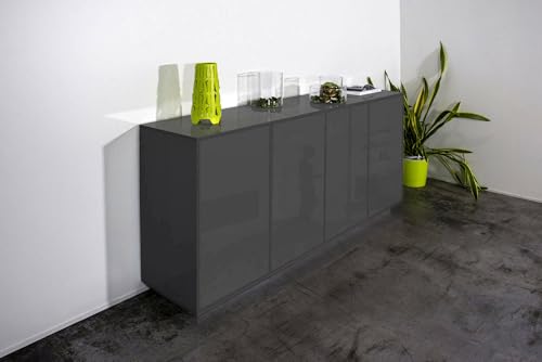 Dmora - Kommode Virgilio, 4-türiges Küchen-Sideboard, Wohnzimmer-Buffet, 100% Made in Italy, 180 x 41 x 86 cm, glänzendes Anthrazit, von Dmora