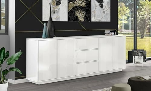 Dmora - Kommode Jack, K?chen-Sideboard mit 4 T?Ren und 3 Schubladen, Wohnzimmer-Buffet, 100% Made in Italy, 220 x 41 x 86 cm, gl?nzendes Wei?, von Dmora