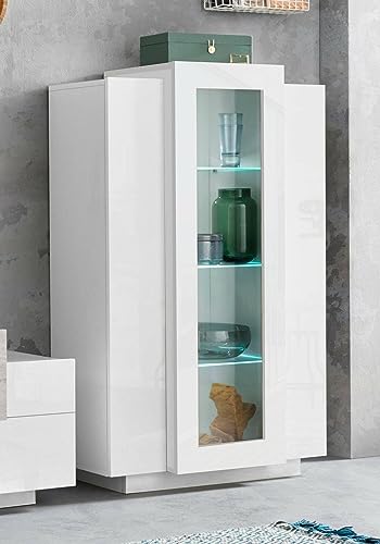 Dmora Vitrine Kevin, Anrichte mit DREI Türen, Mehrzweck-Wohnzimmermöbel, 100% Made in Italy, 80 x 38 x 121 cm, weiß glänzend, Glas von Dmora