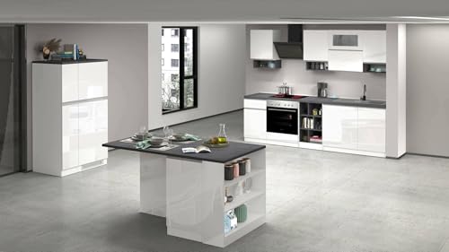 Dmora - Vollständige Küche Bastien, Set mit Speisekammer, Küchenzeile Schrank, Blockbausatz mit Insel und Kühlschrankträger, 100% Made in Italy, glänzendes Weiß und Schiefer von Dmora