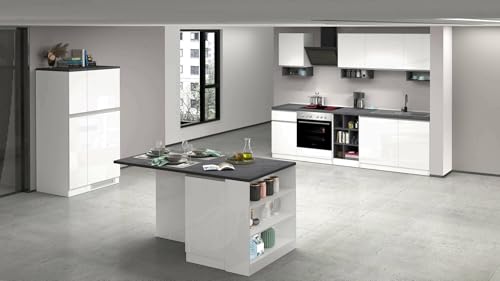 Dmora - Vollständige Küche Bastien, Set mit Speisekammer, Küchenzeile Schrank, Blockbausatz mit Insel und Kühlschrankträger, 100% Made in Italy, glänzendes Weiß und Schiefer von Dmora