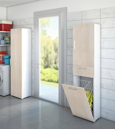 Dmora - Mehrzweckschrank mit 2 Türen Escolzia, linearer Wäscheschrank mit 2 Türen, Badezimmersäule mit Wäschekorb, 100 % Made in Italy, 45 x 32 x 195 cm, Eiche und Weiß, Dmora - Mehrzweckschrank mit 2 Türen Escolzia, linearer Wäscheschrank mit 2 Türen, Badezimmersäule mit Wäschekorb, 100 % Made in Italy, 45 x 32 x 195 cm, Eiche und Weiß, von Dmora