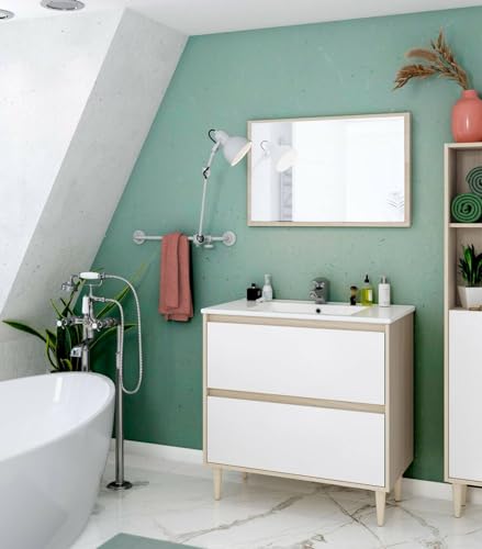 Dmora - Waschtischunterschrank Yazoo, Badezimmer-Waschtischunterschrank, Badezimmerschrank mit Spiegel, Waschbecken Nicht im Lieferumfang enthalten, 80x45h80 cm, glänzendes Weiß und Eiche von Dmora