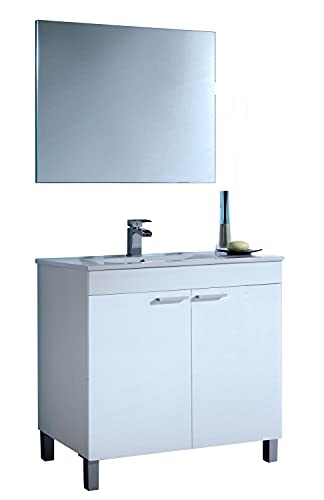 Dmora - Unterbau-Waschtisch Augusta, 2-türiger Badezimmerschrank, Unterschrank mit Spiegel, cm 80x45h80, Weiß von Dmora