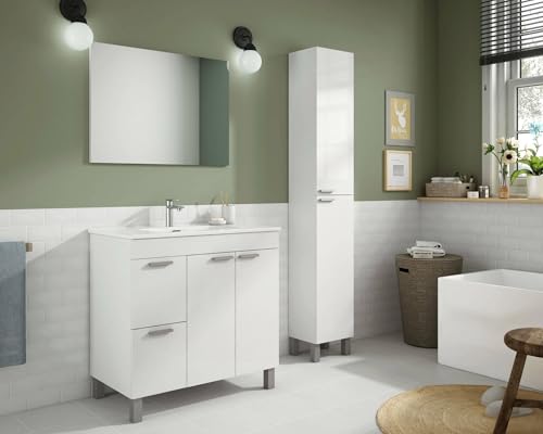 Dmora - Lakewood Waschtischunterschrank, Badezimmerschrank, 2-türiger Kleiderschrank mit zwei Schubladen mit Spiegel, Waschbecken nicht im Lieferumfang enthalten, 80 x 45 x 80 cm, glänzendes Weiß von Dmora