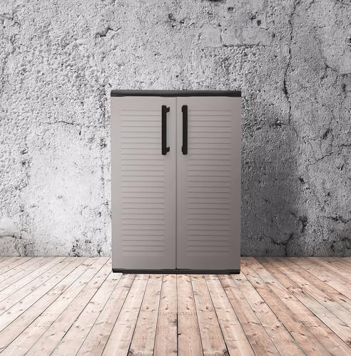 Dmora - Wavre-Außengarderobe, Mehrzweck-Balkongarderobe, 2-türiger Außenschrank, 100% Made in Italy, 68 x 37 x 90 cm, Hellgrau und Schwarz, gestreifte Oberfläche von Dmora