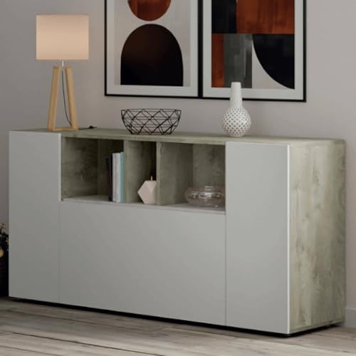 Dmora - Highboard Paterson, Modernes Sideboard mit 3 Türen, Wohnzimmerbuffet mit Fächern, Wohnzimmer-Sideboard, Fernsehschrank, cm 150x41h76, Weiß und Eiche von Dmora