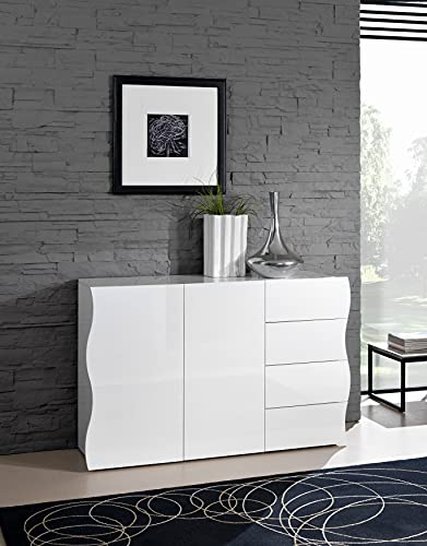 Dmora Welliges Sideboard, Design-Sideboard mit 2 Türen und 4 Schubladen, Made in Italy, TV-Ständer, Wohnzimmerbuffet, 124x40h81 cm, glänzend weiße Farbe von Dmora