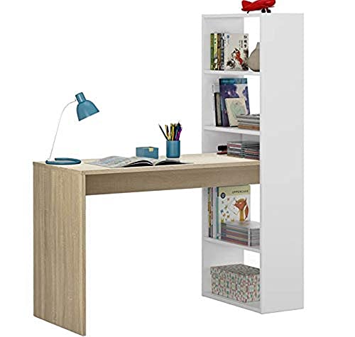 Dmora - Schreibtisch Denton, Wendeschreibtisch mit Bücherregal mit 5 Böden, Studier- oder Bürotisch für PC-Buchhalter, cm 120x53h144, Weiß und Eiche von Dmora