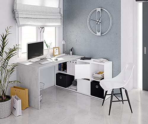 Dmora - Schreibtisch Vallejo, Umschaltbarer Multipositions-Schreibtisch, Arbeits- oder Bürotisch für PC mit Regal, cm 136x139h74, Weiß und Zement von Dmora