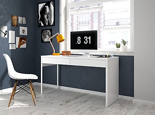 Dmora - Schreibtisch Houston, Wendbarer Bürotisch, PC-Halter Studiertisch mit 2 Schubladen, cm 138x50h75, Glänzend weiß von Dmora