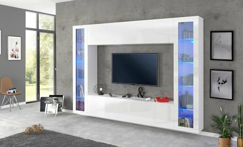 Dmora - Ausgestattete Wand Luigi, 4-türiges TV-Ständer-Wohnzimmerset, Mehrzweck-Wohnzimmermöbel, 100 % Made in Italy, 260 x 30 x 180 cm, glänzend weiß, mit blauem LED-Licht und zwei Vitrinen von Dmora