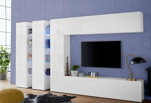 Dmora - Ausgestattete Wand Carmelo, 5-türiges TV-Ständer-Wohnzimmerset, Mehrzweck-Wohnzimmermöbel, 100% Made in Italy, 340 x 30 x 180 cm, glänzendes Weiß, von Dmora
