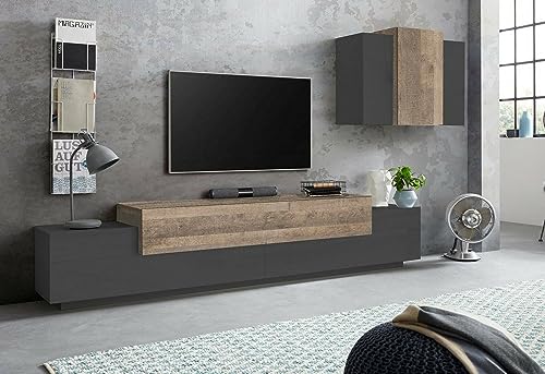 Dmora Wohnwand Ruben, Wohnzimmer-Set, TV-Schrank, Mehrzweck, 100% Made in Italy, 240 x 45 x 180 cm, Anthrazit und Ahorn von Dmora