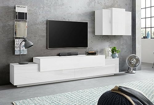 Dmora Wohnwand Ruben, Wohnzimmer-Set, TV-Schrank, Mehrzweck, 100% Made in Italy, 240 x 45 x 180 cm, weiß glänzend von Dmora