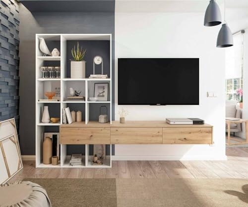 Dmora - Wohnwand Wausau, Wohnzimmer-Set mit 3 Schubladen, Mehrzweck-Wohnzimmer-Bücherregal, 226 x 28 x 173 cm, Weiß und Nodi-Eiche Dmora - Wohnwand Wausau, Wohnzimmer-Set mit 3 Schubladen, Mehrzweck-Wohnzimmer-Bücherregal, 226 x 28 x 173 cm, Weiß und Nodi-Eiche von Dmora