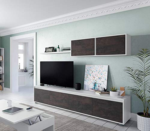 Dmora Wohnzimmer-TV-Schrank mit vier Türen, mit Hängeschrank und Regal, dunkelbraun und glänzend weiß, TV-Schrankmaß 200 x 43 x 41 cm Hängeschrank 105 x 35 x 29 cm Regal 95 x 3 x 21 cm von Dmora