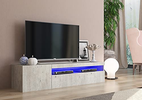 Dmora Wohnzimmer-TV-Ständer, Made in Italy, 2-türiger TV-Ständer, Wohnzimmer-TV-Ständer, 150x40h37 cm, Zementfarbe, mit blauem LED-Licht von Dmora