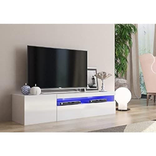 Dmora Wohnzimmer-TV-Ständer, Made in Italy, 2-türiger TV-Ständer, Wohnzimmer-TV-Ständer, 150x40h37 cm, glänzend weiße Farbe, mit blauem LED-Licht von Dmora