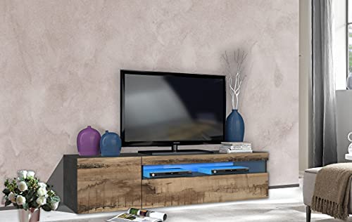 Dmora Wohnzimmer-TV-Ständer, Made in Italy, 2-türiger Wohnzimmer-TV-Ständer, 150x40h37 cm, Farbe Schiefergrau und Ahorn, mit blauem LED-Licht von Dmora