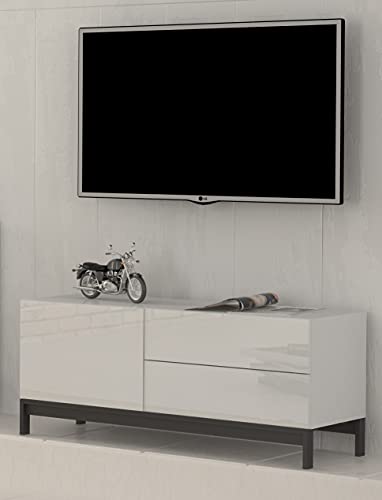 Dmora Wohnzimmer-TV-Ständer, Made in Italy, Erhöhter Wohnzimmer-TV-Ständer, 1 Tür und Schubladen, 110x40h47 cm, glänzend weiße Farbe von Dmora