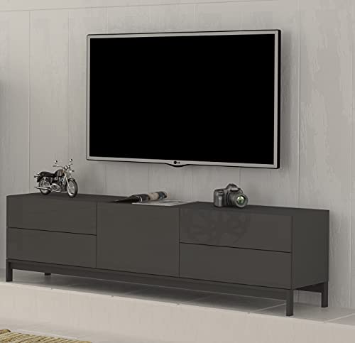 Dmora Wohnzimmer-TV-Ständer, Made in Italy, Erhöhter Wohnzimmer-TV-Ständer mit 1 Tür und 4 Schubladen, 170x40h47 cm, Farbe Anthrazit glänzend von Dmora