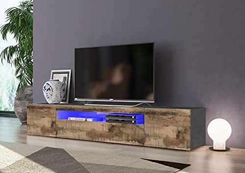 Dmora Wohnzimmer-TV-Ständer, Made in Italy, TV-Ständer im Industriestil mit 3 Türen und Regalen, cm 200x40h37, Farbe Schiefer und Ahorn, mit blauem LED-Licht von Dmora