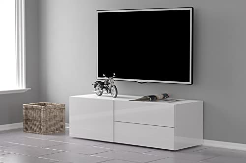 Dmora Wohnzimmer TV-Ständer, Made in Italy, TV-Ständer mit 1 Tür und 2 Schubladen, 110x40h35 cm, glänzend weiße Farbe von Dmora