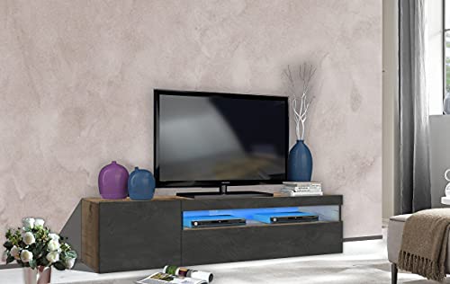 Dmora Wohnzimmer-TV-Ständer, Made in Italy, TV-Ständer mit 2 Türen, cm 150x40h37, Farbe Ahorn und Schiefergrau, mit blauem LED-Licht von Dmora