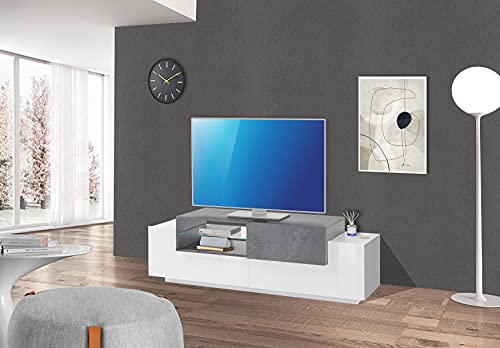 Dmora Wohnzimmer TV-Ständer, Made in Italy, TV-Ständer mit 3 Türen, 160x45h51 cm, Farbe Weiß glänzend und Zementgrau von Dmora