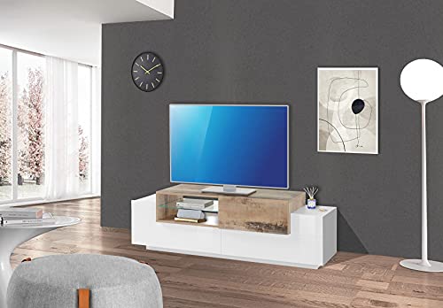 Dmora Wohnzimmer TV-Ständer, Made in Italy, TV-Ständer mit 3 Türen, 160x45h51 cm, glänzend weiß und Ahornfarbe von Dmora