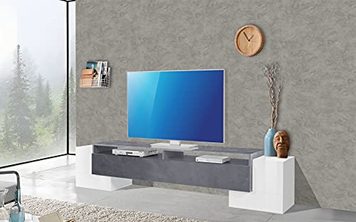 Dmora Wohnzimmer TV-Ständer, Made in Italy, TV-Ständer mit 3 Türen und Regalen, 210x45h45 cm, Weiß glänzend und Eschegrau von Dmora